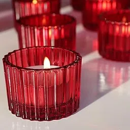 Mahganya Set of 6 Votive Glass Tealight Candle Holders - Christmas Decorations Items for Home D�cor Living Room Bedroom Dining Table (Red)-image-80