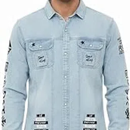 gm khan family treads Men's Light Blue Denim Button-Down Shirt with Printed Text Design, Long Sleeve Casual Style-picture-13