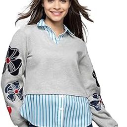 shaye Grey Shirt Collar Printed & Embroidered Long Sleeves Casual Sweatshirts for Women-picture-3