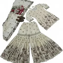Women’s Cream Sharara Suit with Dupatta Heavy Embroidered Salwar Kameez Traditional Long Dress Indian Ethnic Wear Wedding Party Festive Outfit-picture-35