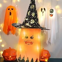 Wanna Party Halloween Lighted Witch Hat and Ghost String Light Decoration- Light Up Hanging Witch Hat Ghost Jack-O-Lantern Colorful Light Decor for Indoor Outdoor Halloween Yard Porch Decor- Orange-image-58