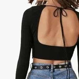 Women's Long Sleeve Crop Top, Halter Neck, Black Ribbed, Deep Back Design with Tie-Up-picture-31