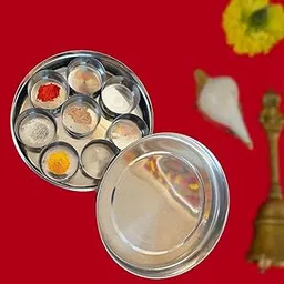 Salvus APP SOLUTIONS Steel Pooja Box with 8 Compartments | Roli, Chawal, Chandan, Haldi, Kumkum, Sindoor, Dabbi, Religious Ceremony Essentials (1.5x5 Inch_Stainless Steel)-image-24