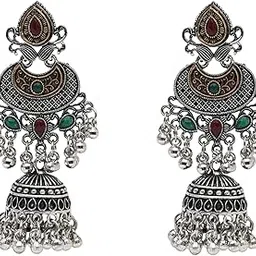 i jewels Ethnic Silver Oxidised Afghani Jhumka Earrings For Women-picture-28
