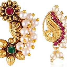 vivastri fashion jewellery Vivastri Premium Gold Plated White Pearl,Moti Beaded Alloy Nath,Nathiya,Nosepin,Nosering,Guttapusalu For Women & Girls -VIVA1182-1080RED-NTH-PRESS-picture-52