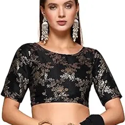 oomph! Traditional Ethnic Style Leaf Pattern Zari Work Readymade Brocade Half Sleeve Round-Neck Embroidery Blouse for Pairing with Sarees, lehengas, or Plazzo for Fusion wear-picture-25