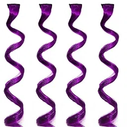 Curly Colored Hair Streak/Hair Extensions For Women And Girls Real Hair For Highlighting Set Of 4pc (Curly Purple)-image-6