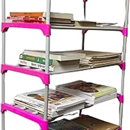 5 Shelves Layer Modern Simple Home Library, Book Stand Book Shelf with Storage Display Rack Open Bookcase Showcase Stand Book Rack for Study Room (Pink) image 1