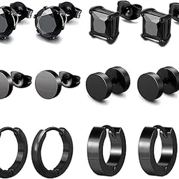 K&Q 6 Pairs Black Stainless Steel CZ Stud Earrings Hoop Earrings Set Huggie Hoop Ear Piercing for Woman/Men/Teen Girls and Boys Gift-image-32