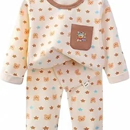 Baby Bear and Stars Print Pajama Set, Long Sleeve Top with Pocket and Pants, Cream and Brown, Cotton Sleepwear for Infants image 1