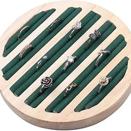 Rashvi Artistry Bamboo Wood Ring Display Tray, Walnut Brown/Natural Oak, Velvet-Lined Slots, 20.3 cm Diameter, Professional Jewelry Storage Organizer, Round Green-image-43