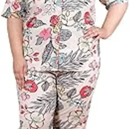 nishire Women's Plus Size Cotton Co-ord Floral Nightsuit Set, Short Sleeve Trendy Printed Loungewear Co-ord Set Shirt Style for Women-picture-31