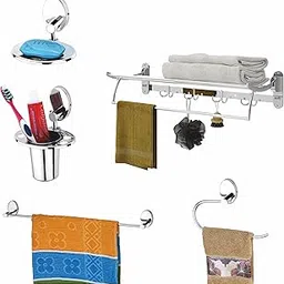 GLOXY Set of 5 Stainless Steel Bathroom Accessories and Fittings Folding Towel Rack+ Towel Rod/Bars + Soap Holder/Dish+ Toothbrush/Tumbler Holder and Towel Ring/Napkin Holder-image-52