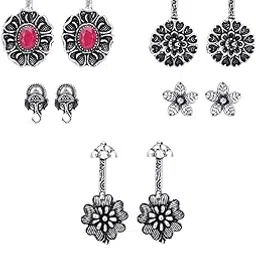 yellow chimes Earrings for Women & Girls | Traditional Ear Cuffs Silver Oxidised Studs| German Silver Earring Set | Floral Shape stud & Drop Earrings Combo | Birthday & Anniversary Gift-picture-54
