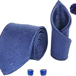 rizoro Mens Plaid Paisley Silk Necktie Gift Set With Pocket Square Cufflinks & Brooch Pin Formal Tie With Leatherite Box (Navy Blue JCNBRX Free Size)-picture-27