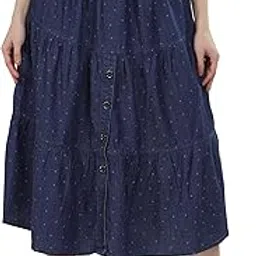 cefalu Women's Navy Blue Polka Dot Tiered Midi Skirt with Button Front | Skirt for Woman | Denim Skirt for Women Long, Size 28-36-picture-15