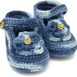 Baby Knit Booties, Blue Striped Pattern with Gold Buttons, Handmade Crochet Shoes-picture-27