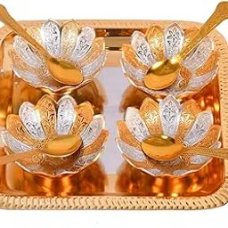 JAIPUR ACE Celebration Silver Plated Metal Bowl Set with Red Velvet Box (4 Bowl: 4 Spoon: 1 Tray) (Floral Pattern) (Silver Gold Floral Pattern) (Floral Shaped), 300 ML.-picture-21