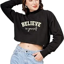 blueficus Women Cotton Blend Crop Sweatshirt with Believe in Yourself Print | High Neck Graphic Pullover | Trendy Casual Winter Wear for Women & Girls-picture-12