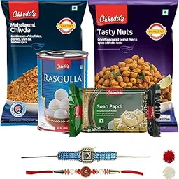Chheda's Premium Bhaiya Rakhi with Roli & Chawal - Raksha Bandhan Gift Combo - Rasgulla, Elaichi Soan Papdi, Tasty Nuts, Mahalaxmi Chivda - Sweets & Namkeen Gift Hamper - Rakhi for Brother-image-1