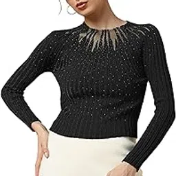 icw Women Knitted Rhinestone Embellised Daimond Studded Mesh Round Neck Long Sleeve Crop Top T-Shirt 206-picture-23