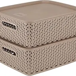 KOLORR Royal Baskets pack of 2 Medium Basket with 2 Lid - LT Brown | stackable| easy to clean | strong and durable | BPA free | Multipurpose Plastic Storage Basket, Rectangular-picture-41