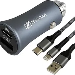 ZESSQAA ZQ-01CC PD+USB-C Car Charger, 5.2A Fast Charging Adapter with 3-in-1 USB Cable (Lightning, USB-C, Micro-USB) for iPhone, iPad, Android, Samsung & More image 1