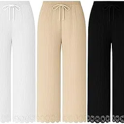 Women’s 3-Piece Palazzo Set – Stylish Ribbed Pants in White, Chiku & Black | Lace Hem Design | Soft & Stretchable Fabric for Everyday and Festive image 1