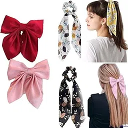 aairaa Bow Tie Hair Rubber Band Scrunchy Combo Pack 2 And Elastic Scarf Bow Tie Clip Bow Ties Satin Floral Scarf Chiffon scrunchies, Randomly Color-picture-41