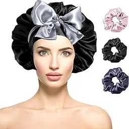 Attune� Satin Silk Bonnet for Hair with 3 Premium Scrunchies, Adjustable Silk Hair Cap for Sleeping, Bonnet for All Hair Types with Ribbon Tie Band, Satin Hair Wrap (Silver- Black)-image-66