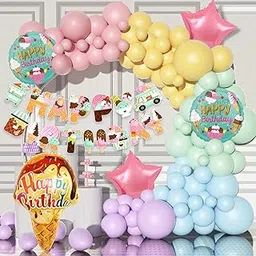 Rozi Decoration Ice Cream Theme Birthday Decorations Combo Set of 57 Pcs with Donut Theme Banner, Ice Cream Foil Balloon, Star & Round, Patel Balloon Garland for Donut Theme Birthday Decoration-picture-35