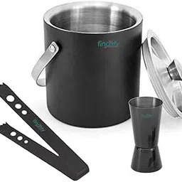 finality Stainless Steel Silver with Black Double Walled Ice Bucket with Lid[1 Liter] Keeps Ice Cold for 6 h|Great bar Tools for Home bar,Mini bar,Wine (with Black Tong & V Peg Measure)-image-1