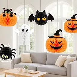 INCHEON PARTY Halloween Hanging Decorations, 5 Piece Honeycomb Paper Set, Bat Spider Ghost Pumpkin Lanterns, Indoor Outdoor Party Decor-picture-12