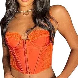quecy Women's Sexy Lace Corset Crop Top Y2K Sleeveless Spaghetti Strap Cami Tanks Push Up Bustiers Corsets Clubwear |A-Orange |S-picture-10