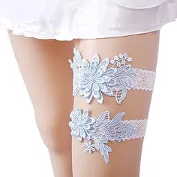 pmeixcy 2 Pcs White Wedding Garter Set for Bride Thigh Garter with Stretchy Soft Lace Band Leg Garters Belt Hand Sewn-picture-24