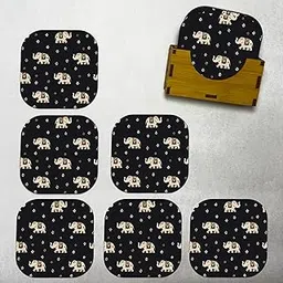 TW Coaster Set of 6 Black Royal Elephant Pattern Wooden Coasters to Serve Tea Cups, Coffee Mugs and Glasses (3.5 x 3.5 inch) (Square) (Ecofriendly) with Stand for Dining Table & Home Decor-picture-27