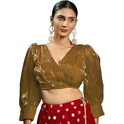 pujia mills Women's Rafale Silk Full Balloon Sleeve V Neck Blouse(Gangu)-picture-17
