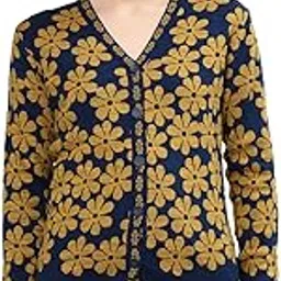 kalt Women Full Sleeves V Neck Floral Design Acrylic Jacquard Cardigan Sweater-picture-34