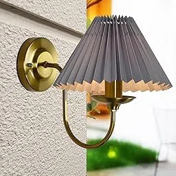Homesake® Antique Brass Wall Sconces Lighting Fixture, E27 Industrial Vintage Gold Wall Light Lamp Bathroom Decor for Bedroom Living Room, Fabric Shade, Golden, (Pleated Grey)-picture-24