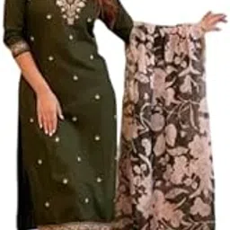 Women's Viscose Rayon Kurta, Pant & Dupatta Set Embroidered Work V Neck 3/4th Sleeves Straight Salwar Suit Dupatta Set || Comfortable Outfit For Wedding-picture-10