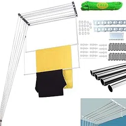 SAI PRASEEDA Rust Proof Stainless Steel Ceiling Clothes Hanger_Cloth Drying Hanging Stand for Balcony_Individual Dropdown Railers_Nylon Ropes_3 Feet X 6 Pipes with A Cloth Hanging Rope PHCS1-image-48