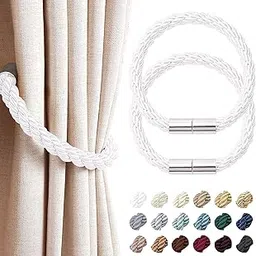 VRT Strong Magnetic Curtain Tiebacks Modern Simple Style Drape Tie Backs Convenient Decorative Weave Rope Curtain Holdbacks for Thin or Thick Home & Office Window Draperies (2 Pair, Silver White)-image-71