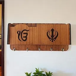 GoodleyIndia Wooden Key Holder for Wall | Sikh Khanda & Ik Onkar Design Keychain Hanger | Wooden Key Stand with 5 Hooks for Home & Office | Wood Keys Organizer - 20x10 CM-picture-18