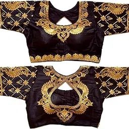 pujia mills Women's Multicolor Phantom Silk Water Drop Back Neck Peacock Embroidery Stone Work Sleeves Readymade Saree Blouse (Murari Blouse_Black_38 Size+Margin)-picture-10