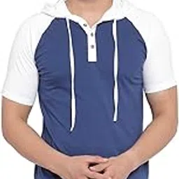 kalt Men's Half Sleeves Dual Colour Cotton Blend Hoodie(Blue::White)-picture-25