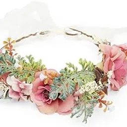 radhu & kabby Floral Hair Tiara for Girls & Women | Artificial Roses & Greenery with Ribbon Tie | Elegant Crown for Weddings, Photoshoots, Garden Parties & Festive Looks-picture-45