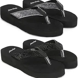 skytrap Women Grey, Black Shimmer Slippers Flipflop Combo of 2-picture-22