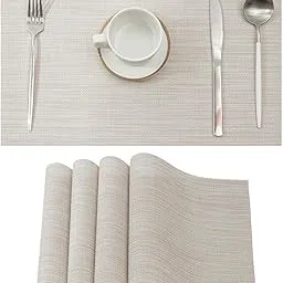 Zollyss Linen Grey Placemats Set of 6 - Heat Resistant Non-Slip Place mats for Dining Table, Washable Durable PVC Vinyl Woven Table Mats (Beige White)-picture-31