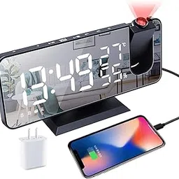 Projection Digital Alarm Clock for Bedrooms, Radio Alarm Clock on Ceiling, USB Charger Port, Temperature & Humidity Display, 7.3” Large Mirror LED Display,12/24H,Snooze,Dual Loud Alarm Clock- 4 Dimmer-image-45