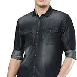 streetking Street King Men Black Shaded Denim Double Pocket Casual Regular Fit Shirts L-Size-picture-30